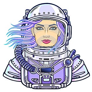Animation portrait of the young attractive woman of the astronaut in a open space suit.