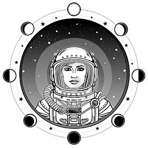 Animation portrait of the young attractive woman astronaut in a space suit.