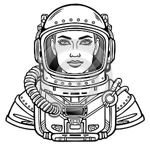 Animation portrait of the young attractive woman of the astronaut in a space suit.