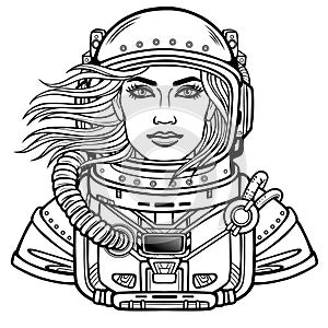 Animation portrait of the young attractive woman astronaut in a space suit. Helmet is open, hair flutter.