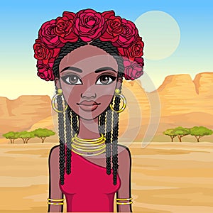 Animation portrait of the young beautiful African woman with Afro hair and wreath of blue roses.