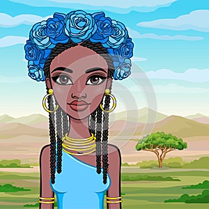 Animation portrait of the young beautiful African woman with Afro hair and wreath of blue roses.