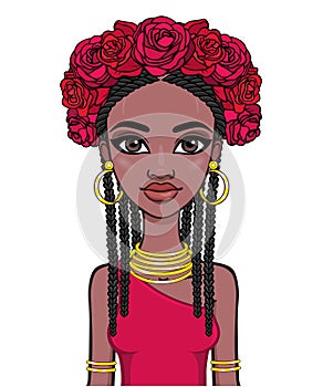 Animation portrait of the young beautiful African woman with Afro hair and wreath of red roses.