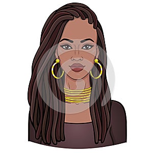 Animation portrait of the young beautiful African woman in a dreadlocks.