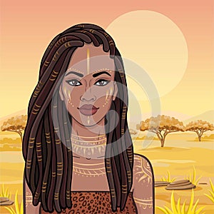 Animation portrait of the young beautiful African woman in a dreadlocks.