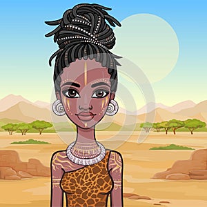 Animation portrait of the young beautiful African woman in a dreadlocks and body art.