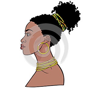 Animation portrait of the young beautiful African woman. Profile view.