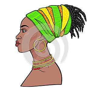 Animation portrait of the young beautiful African woman in a turban.