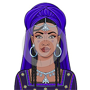 Animation portrait of the young beautiful African woman in a turban and ancient clothes.