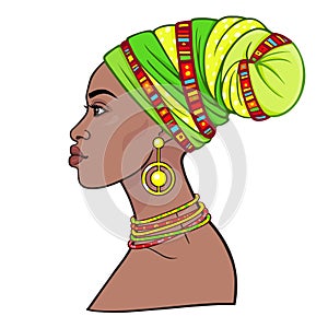 Animation portrait of the young beautiful African woman in a turban.