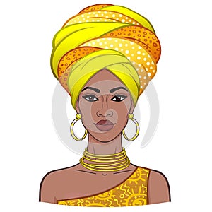 Animation portrait of the young beautiful African woman in a turban.