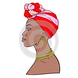 Animation portrait of the young beautiful African woman in a turban.