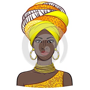 Animation portrait of the young beautiful African woman in a turban. photo