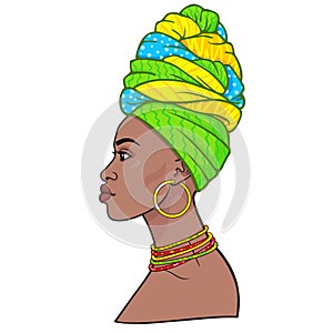 Animation portrait of the young beautiful African woman in a turban.