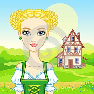 Animation portrait young beautiful girl in an ancient Bavarian dress.