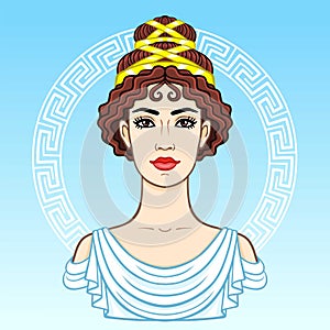 Animation portrait of the young beautiful Greek woman in ancient clothes. Decorative circle.