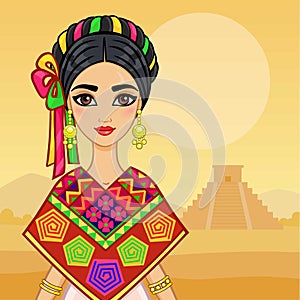 Animation portrait of the young beautiful Mexican girl in ancient clothes. Background - a mountain landscape, an Indian pyramid.