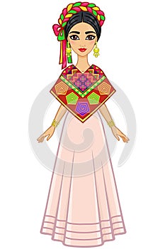 Animation portrait of the young beautiful Mexican girl in ancient clothes. Full growth.