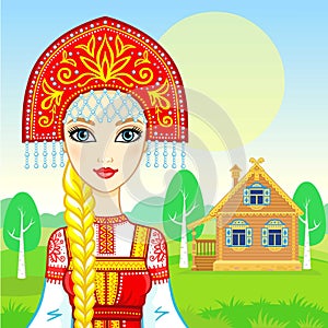 Animation portrait of the young beautiful Russian girl in ancient national clothes. Fairy tale character.