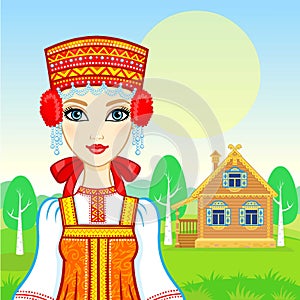 Animation portrait of the young beautiful Russian girl in ancient national clothes. Fairy tale character.