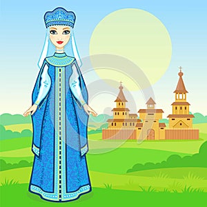 Animation portrait of the young beautiful Russian girl in ancient national clothes. Full growth.