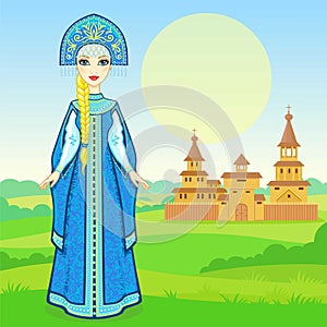 Animation portrait of the young beautiful Russian girl in ancient national clothes. Full growth. Fairy tale character.