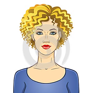 Animation portrait of the young beautiful white woman with curly blonde hair.