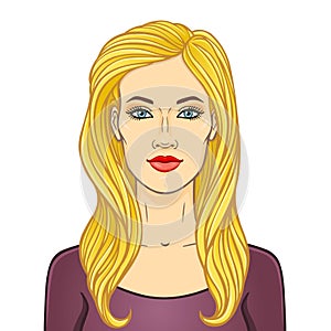Animation portrait of the young beautiful white woman with long blonde hair.