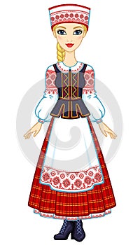 Animation portrait of the young Belarusian girl in traditional clothes. Eastern Europe.