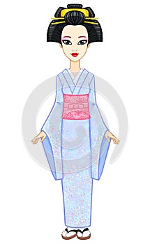 Animation portrait of the young Japanese girl with an ancient hairstyle. Geisha, Maiko, Princess.