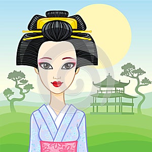 Animation portrait of the young Japanese girl with an ancient hairstyle. Geisha, Maiko, Princess.