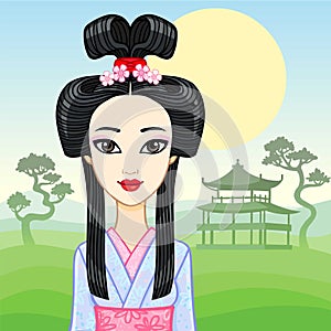 Animation portrait of the young Japanese girl an ancient hairstyle. Geisha, Maiko, Princess.