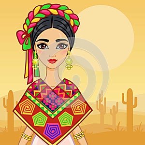 Animation portrait of the young Mexican girl in ancient clothes. A background - the desert with cactus.