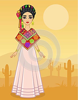 Animation portrait of the young Mexican girl in ancient clothes. Full growth.