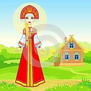 Animation portrait of the young Russian girl in traditional clothes. Fairy tale character.