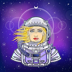 Animation portrait of the young woman astronaut in an open space suit.