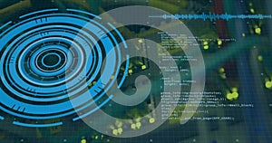 Animation of processing circle over integrated circuit and computer wires