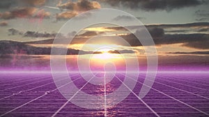 Animation of purple grid pattern over seascape against cloudy sky during sunset