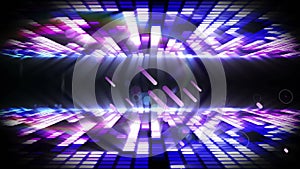 Animation of purple light trails over glowing purple music equalizer