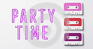 Animation of purple party time text over tapes on white background