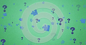 Animation of puzzles and question marks floating over green background