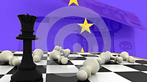 Animation of queen and fallen pawns on chess board, european union flag, 50 and 100 euros on table