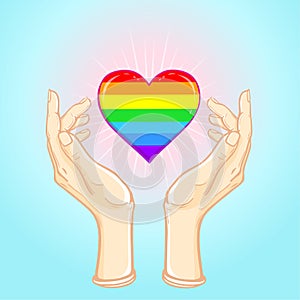 Animation Rainbow colored heart the heart in the armor is forced to defend itself.Human hands hold the Cartoon Rainbow Heart. Gay