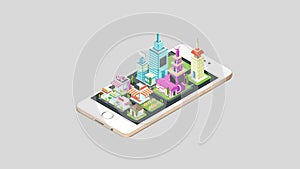 Animation real estate house and commercial building and cityscape architecture popping out on a smart phone mobile screen