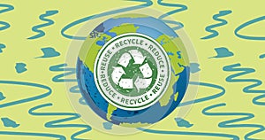 Animation of recycling sign and text over globe on blue and green background