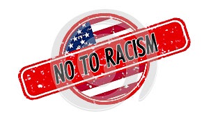 Animation red banner with inscription, slogan. NO TO RACISM. White background with USA flag. Protest against black