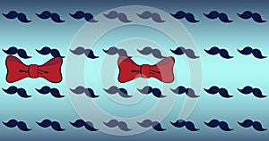 Animation of red bowties over repeated moustaches on blue background