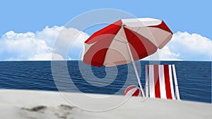 Animation of red and white parasol and deck chair on beach on sunny day