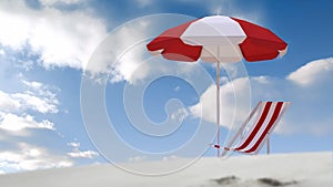 Animation of red and white parasol and deck chair on beach on sunny day