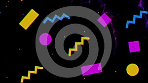 Animation of repeated yellow, blue and pink geometric shapes on black, with red smoke trails